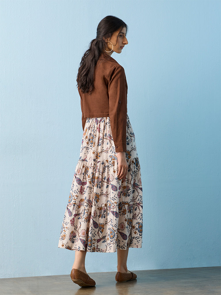 Bombay Paisley Off-White Floral Printed Cotton Tiered Dress with Jacket