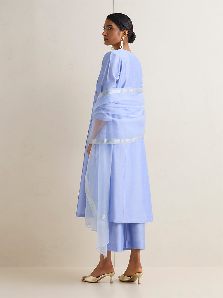 Vark Blue Mirror Work Detailed A-Line Ethnic Set