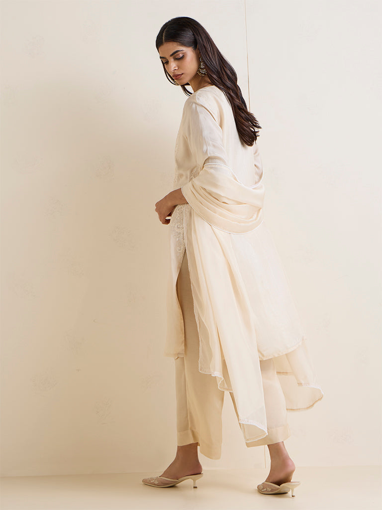 Vark Ivory Floral Embroidered A-Line Ethnic Set