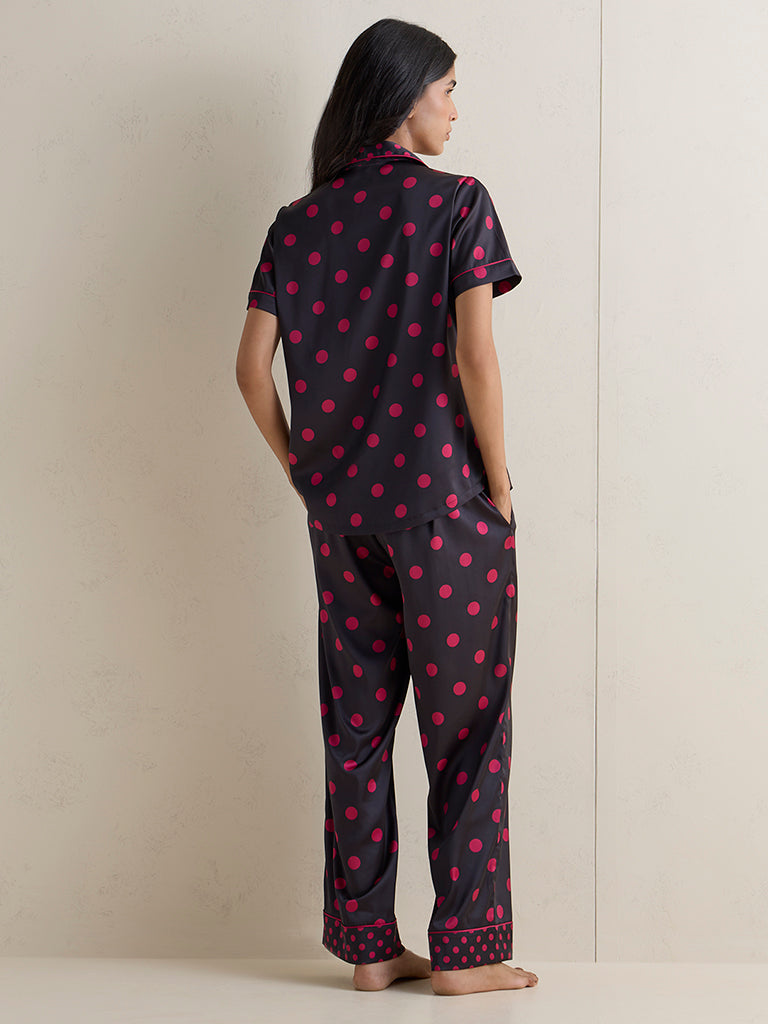 Wunderlove Black Polka-Dot Pattern Shirt and Pyjamas Set