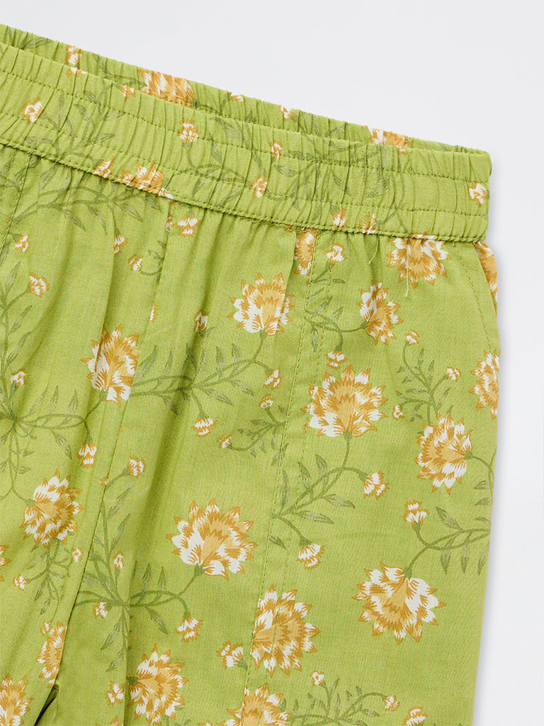 Utsa Kids Girls Green Floral Printed Cotton Ethnic Pants - (2-8 yrs)