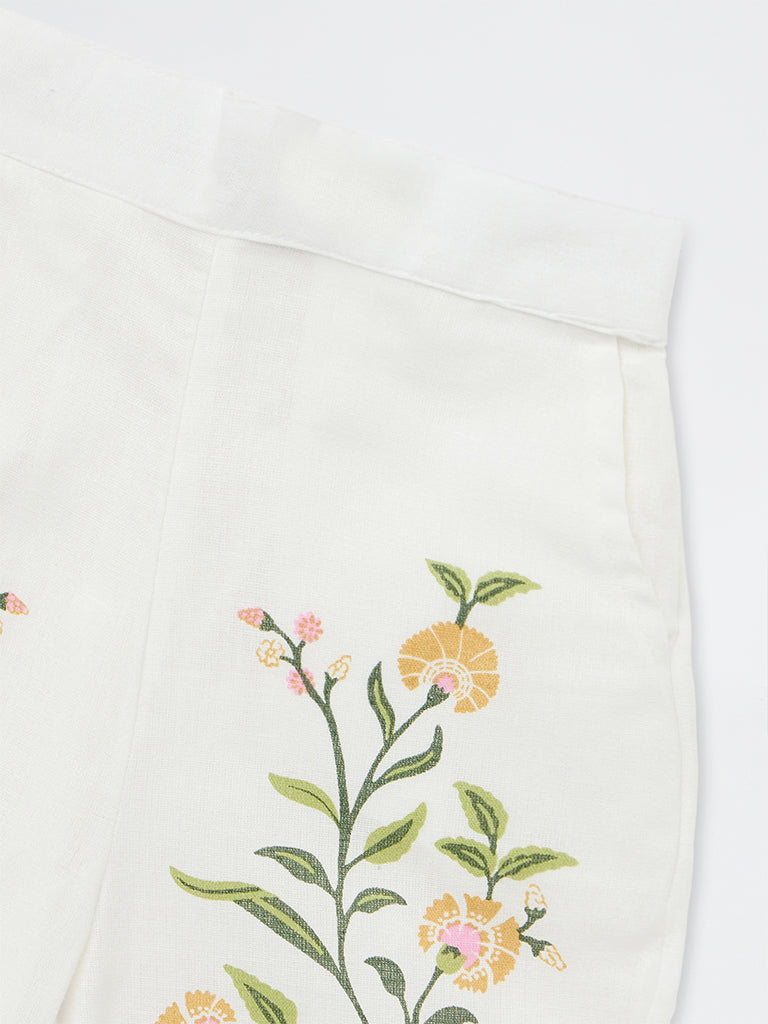 Utsa Kids Girls White Botanical Printed Cotton-Blend Ethnic Pants - (2-8 yrs)