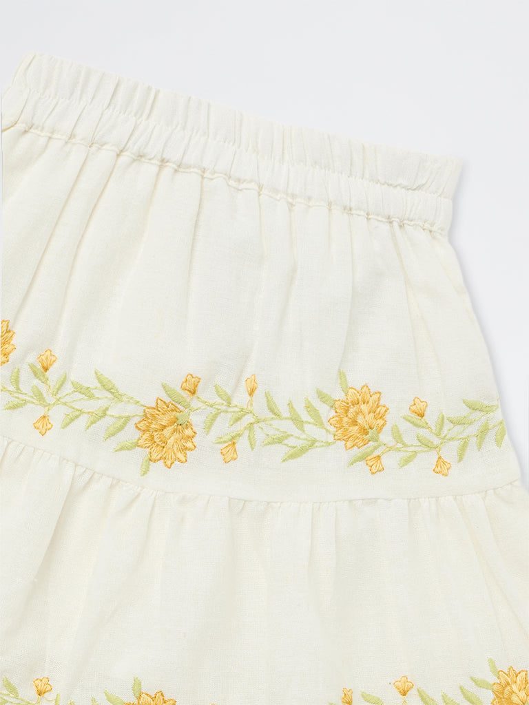 Utsa Kids Girls White Floral Embroidered Cotton-Blend Tiered Skirt - (2-8 yrs)