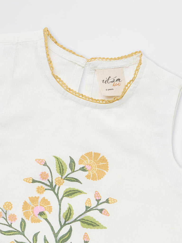 Utsa Kids Girls White Floral Pattern Cotton-Blend Shift Dress - (2-8 yrs)