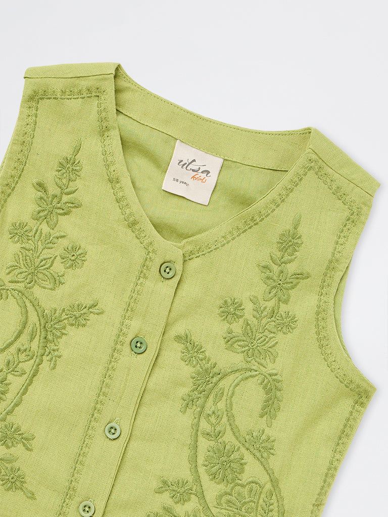 Utsa Kids Girls Green Paisley Embroidered Cotton-Blend Waistcoat - (2-8 yrs)
