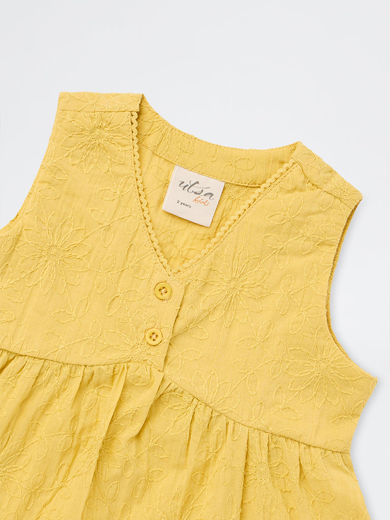 Utsa Kids Girls Yellow Floral Embroidered Cotton Top - (2-8 yrs)