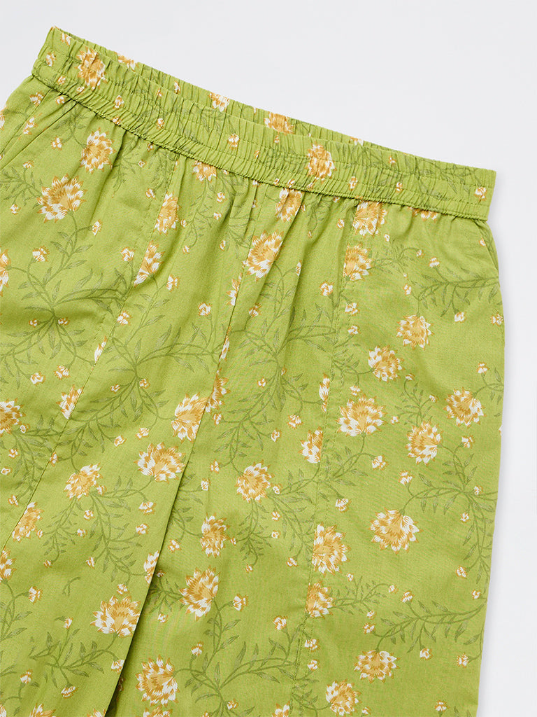 Utsa Kids Girls Green Floral Printed Cotton Ethnic Pants - (8-14 yrs)