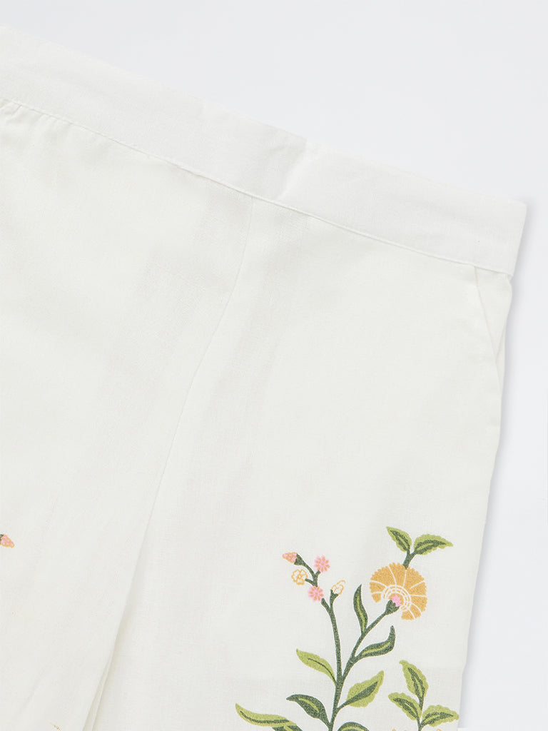 Utsa Kids Girls White Botanical Printed Cotton-Blend Ethnic Pants - (8-14 yrs)