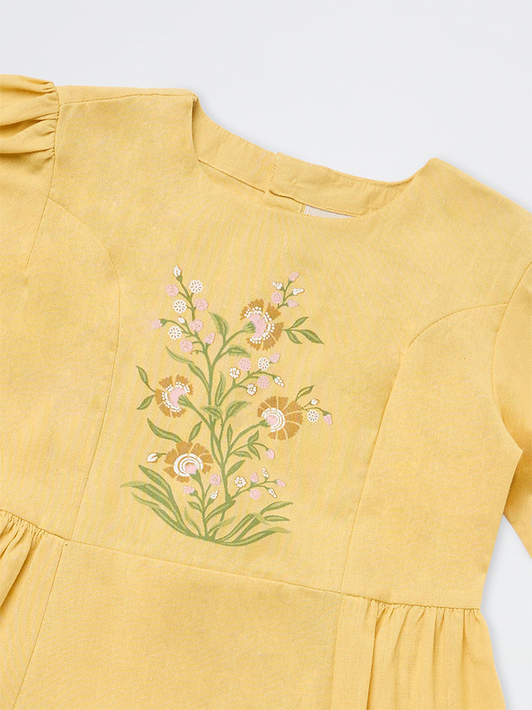 Utsa Kids Girls Yellow Floral Printed Cotton-Blend A-line Dress - (8-14 yrs)