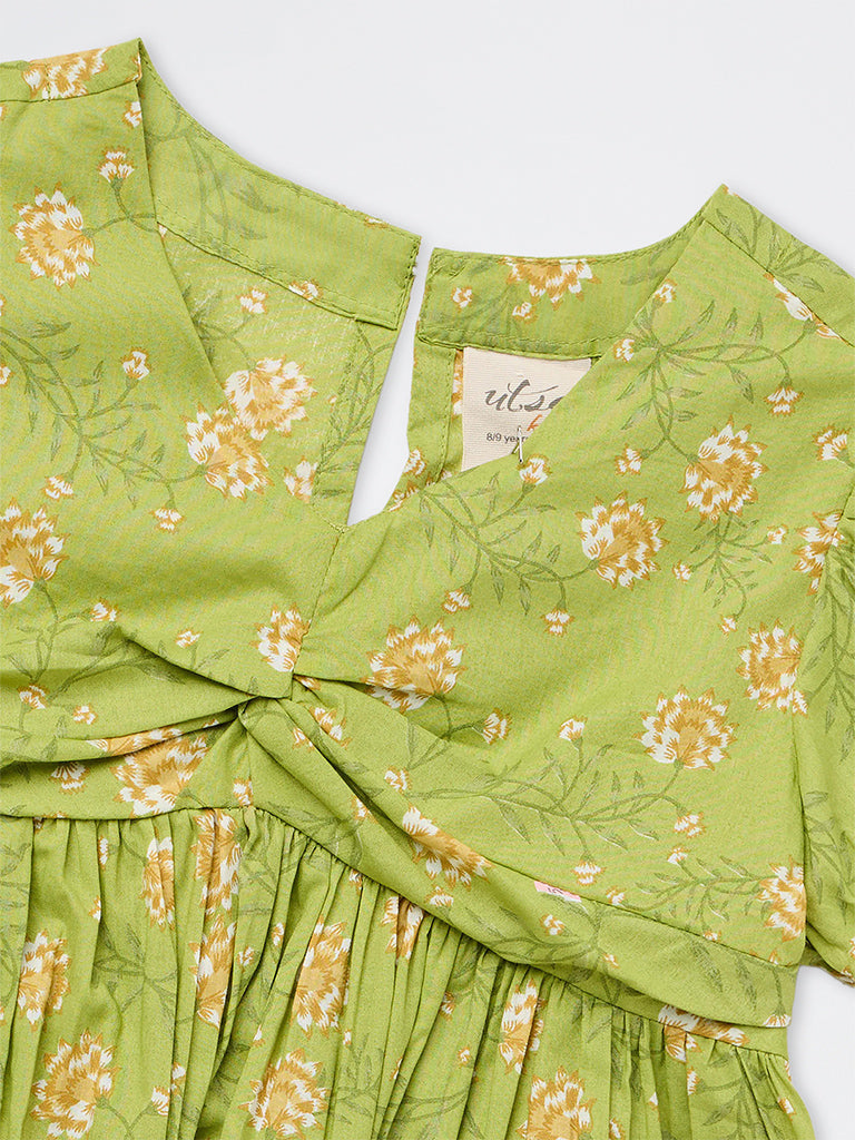 Utsa Kids Girls Green Floral Printed Cotton Top - (8-9 yrs)