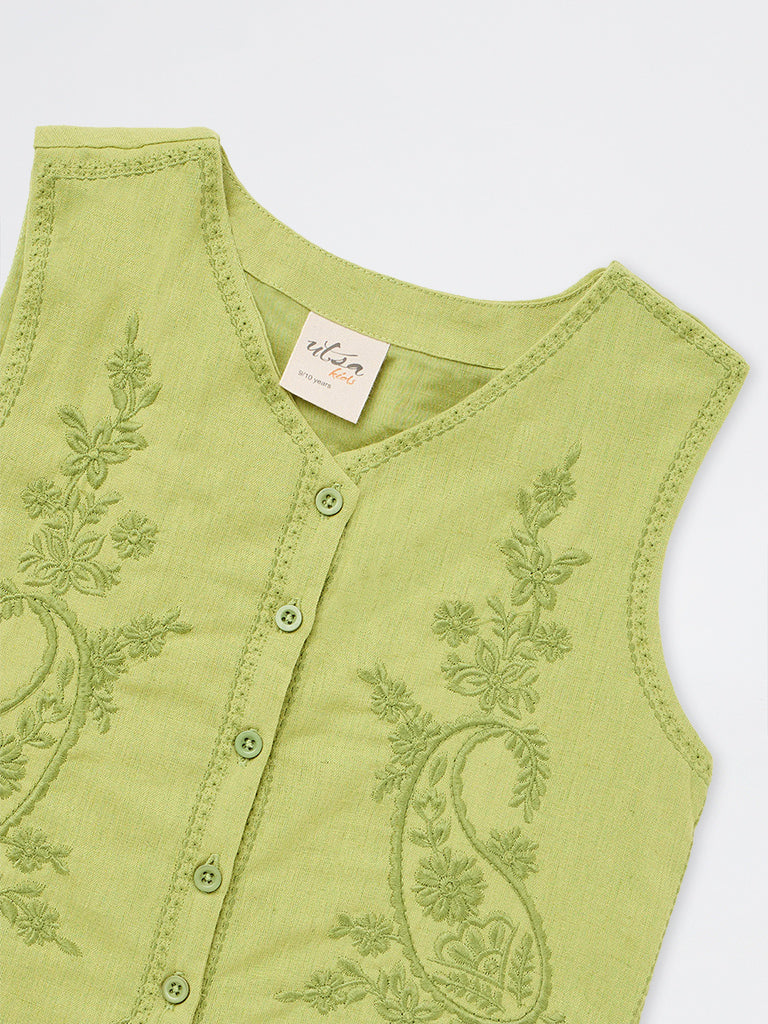 Utsa Kids Girls Green Paisley Embroidered Cotton-Blend Waistcoat (8-14 yrs)