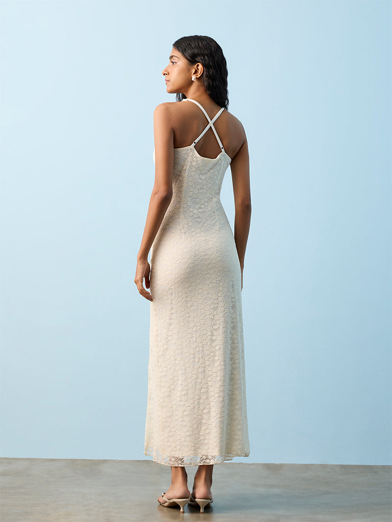 Nuon Cream Floral Lace Detailed Bodycon Dress