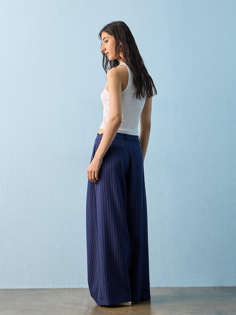 Nuon Navy Pin Striped High-Rise Pants