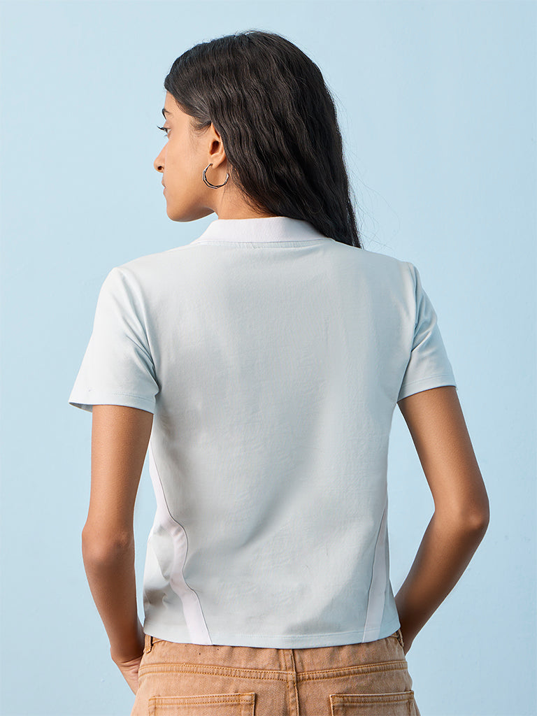 Nuon Light Blue Text Design Cotton-Blend T-Shirt