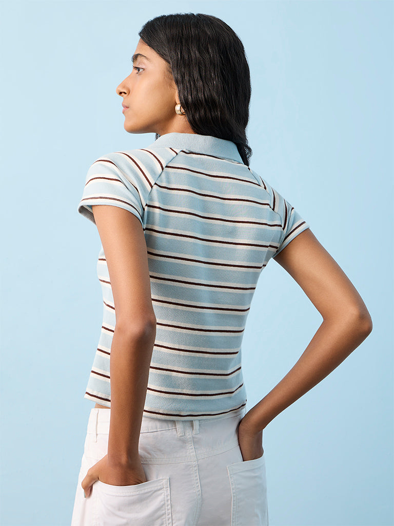 Nuon Light Blue Striped Cotton-Blend Polo T-Shirt