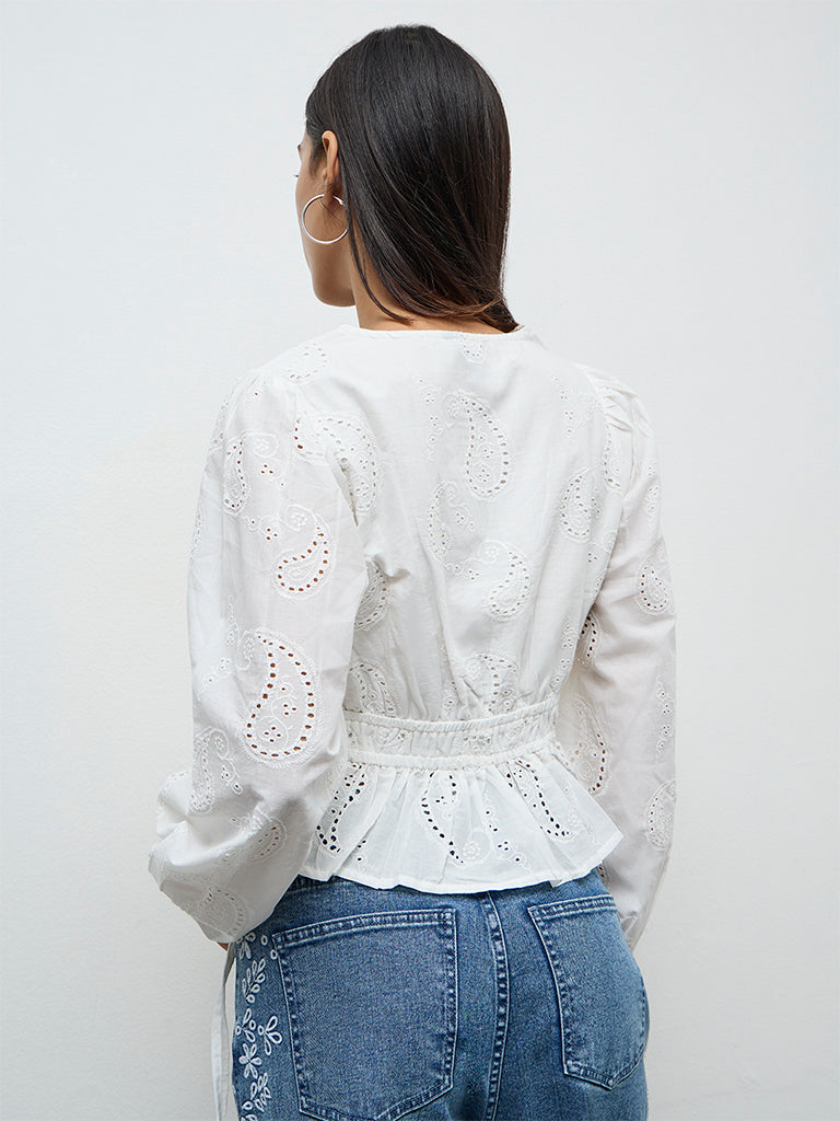 LOV Off-White Paisley Embroidered Cotton Blouse