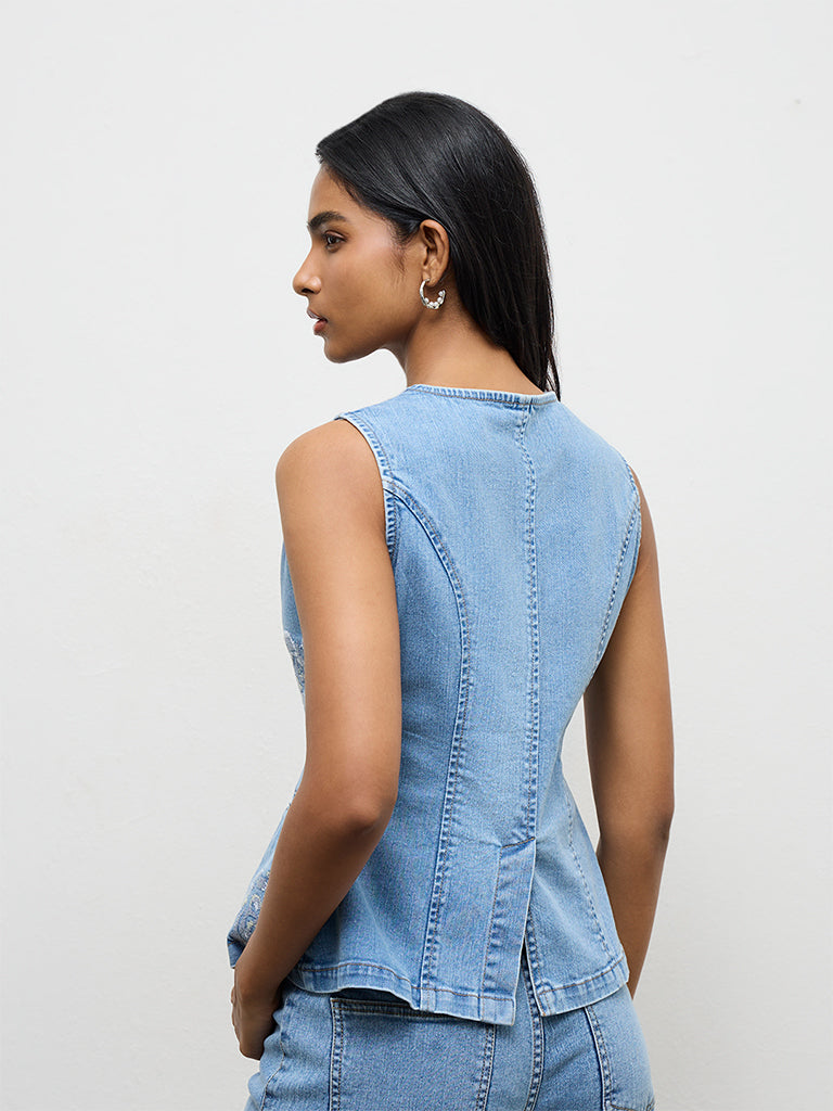 LOV Light Blue Floral Embroidered Denim Top