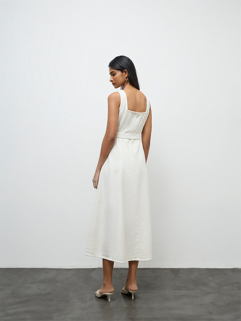 LOV Off-White Denim Cotton A-Line Dress with Belt