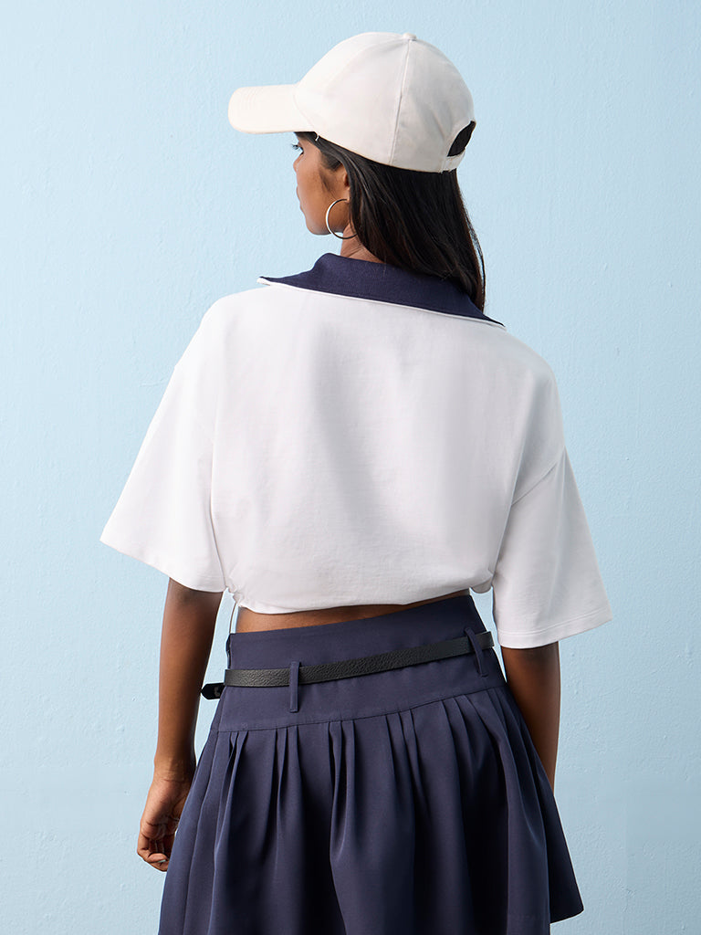 Nuon White Text Design Collared Quarter-Zip T-Shirt