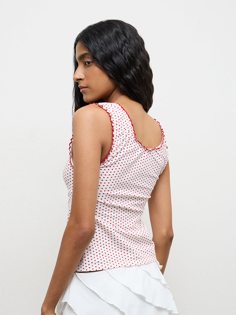 Nuon Red Heart-Printed Cotton-Blend Top