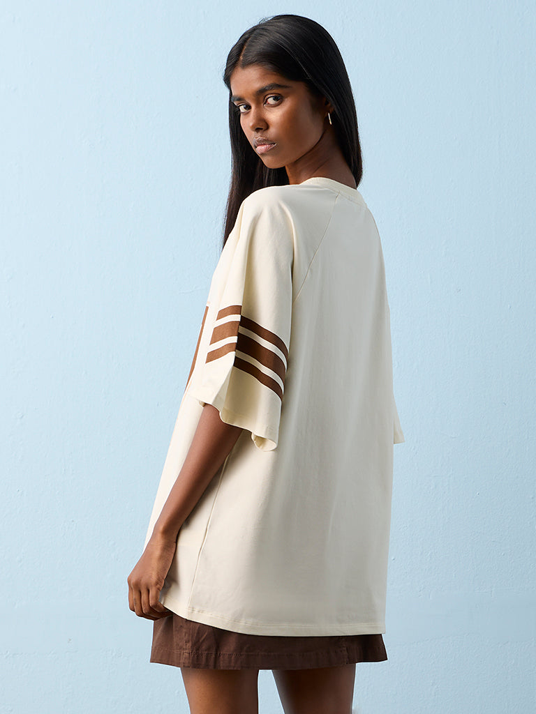 Nuon Light Yellow Printed Oversized Cotton-Blend T-Shirt