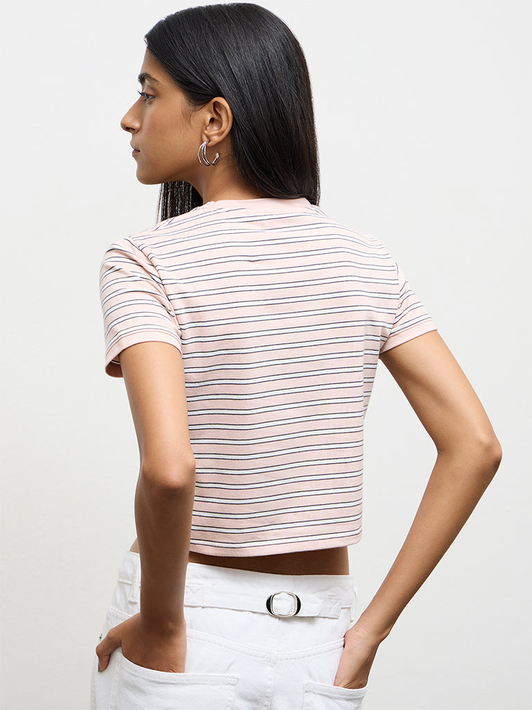 Nuon Light Pink Striped Cotton-Blend T-Shirt