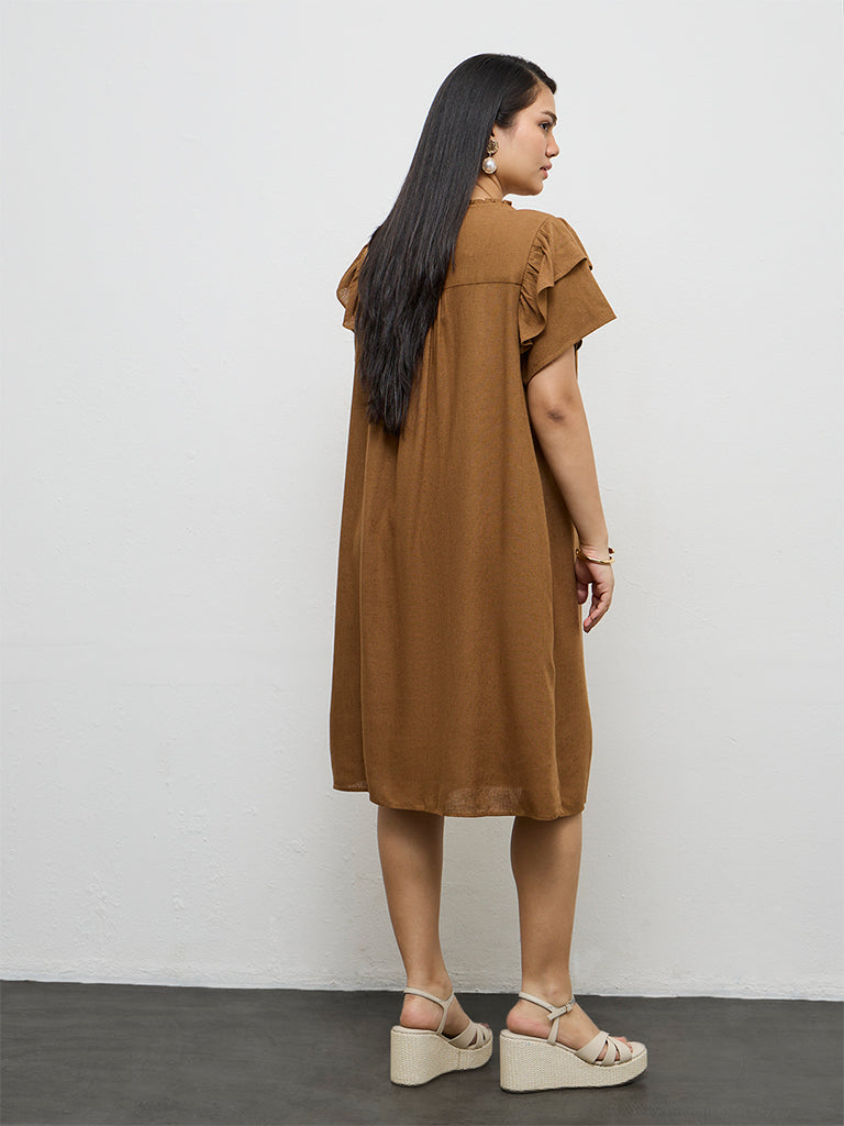 Gia Brown Solid Cotton Straight Dress
