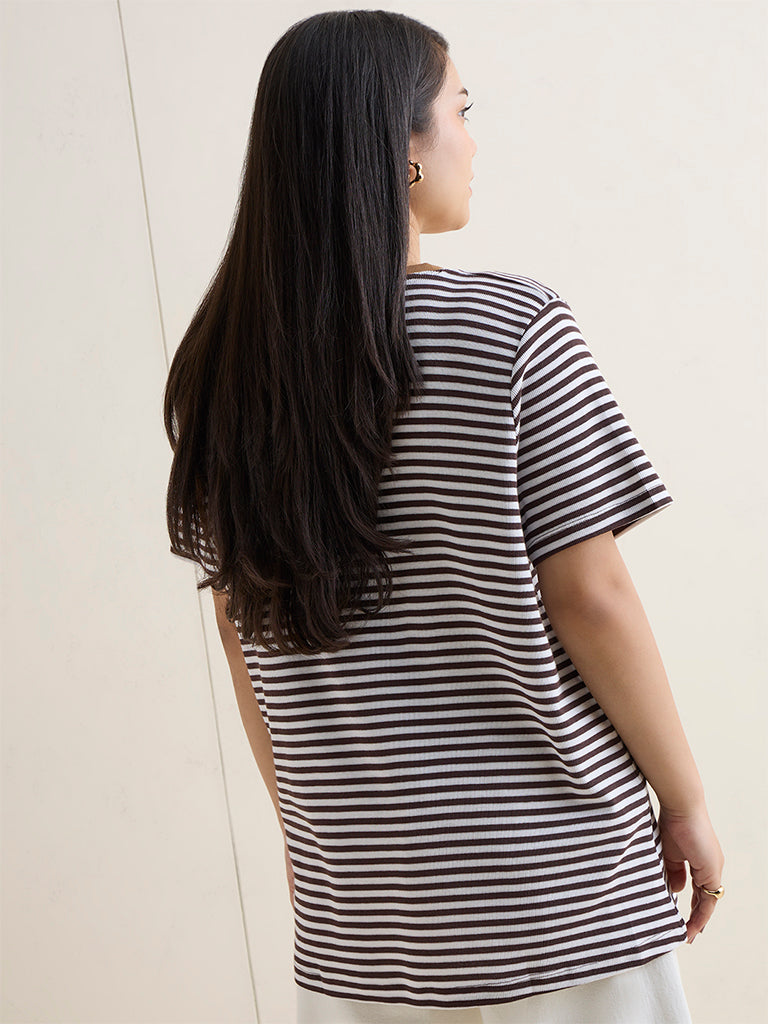 Gia Dark Brown Striped Cotton T-Shirt