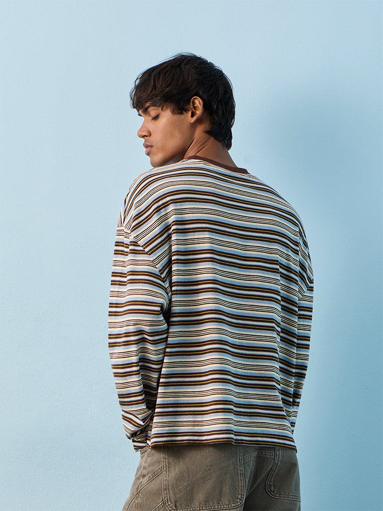 Nuon Brown Striped Oversized Cotton T-Shirt