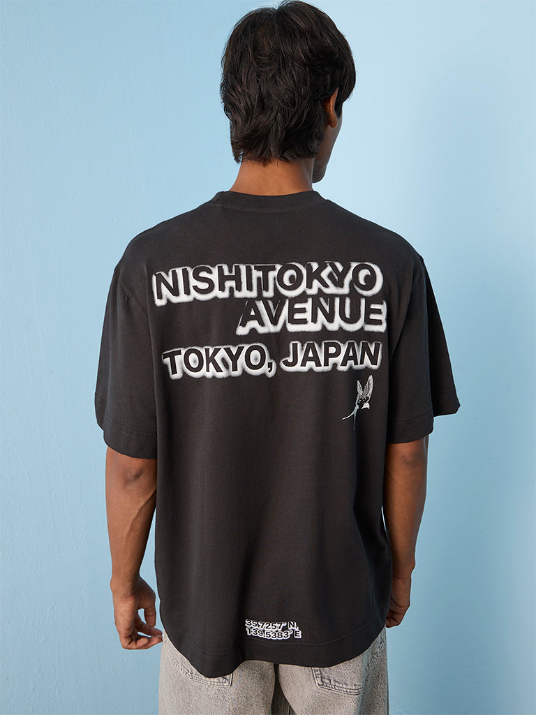 Nuon Charcoal Text Printed Relaxed-Fit Cotton T-Shirt