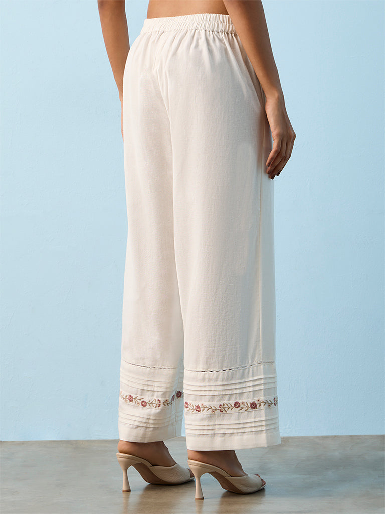 Utsa White Embroidered Cotton-Blend Pants
