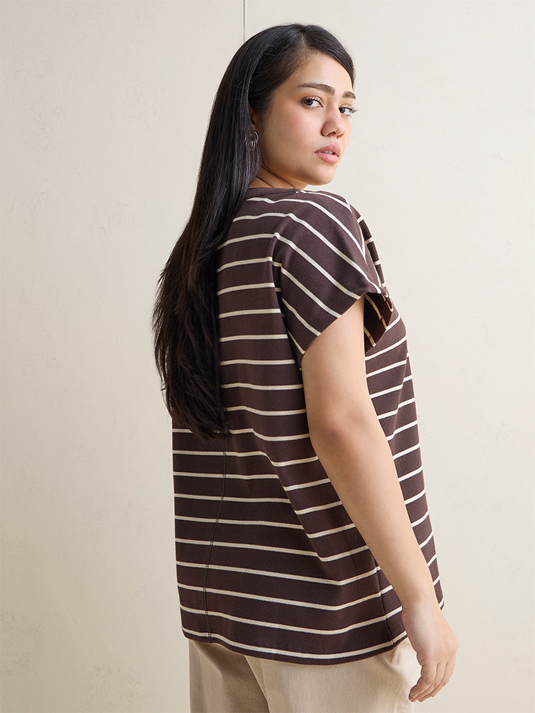 Gia Dark Brown Striped Cotton-Blend Top