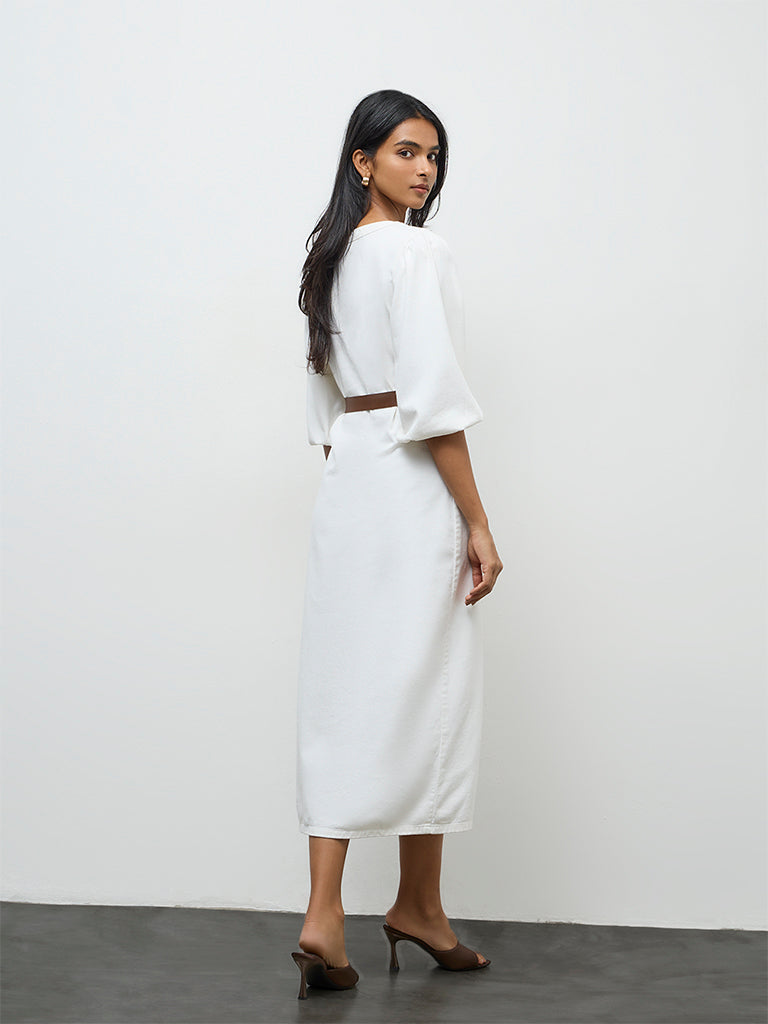 LOV Off-White Denim Straight Dress with Belt
