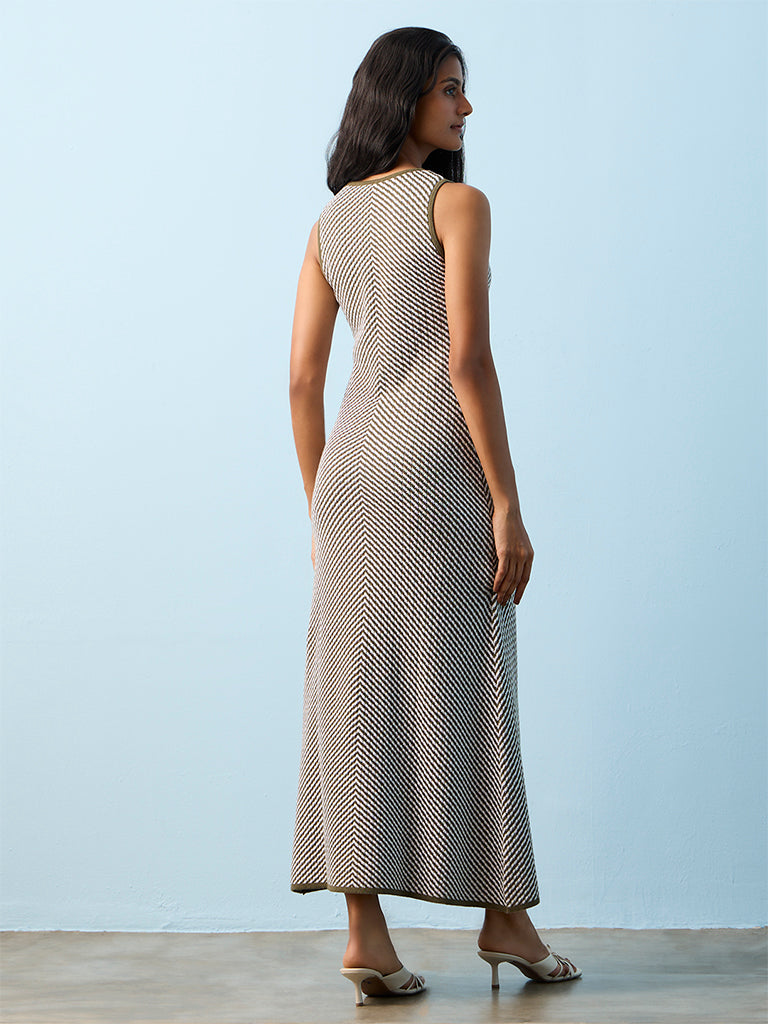 LOV Olive Chevron Design A-Line Maxi Dress