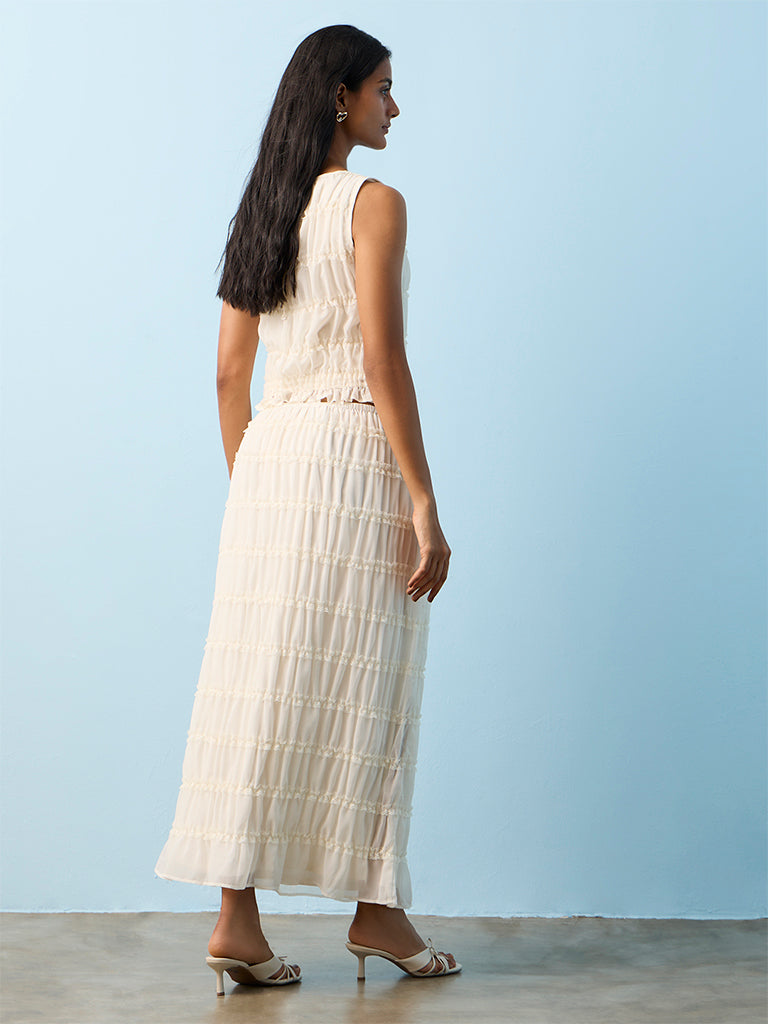 LOV Off-White Lace Detailed Smocked High-Rise Skirt