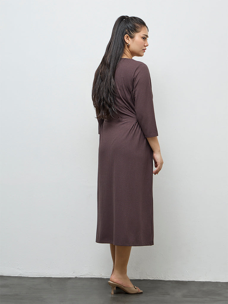 Gia Dark Brown Self-Striped A-Line Dress