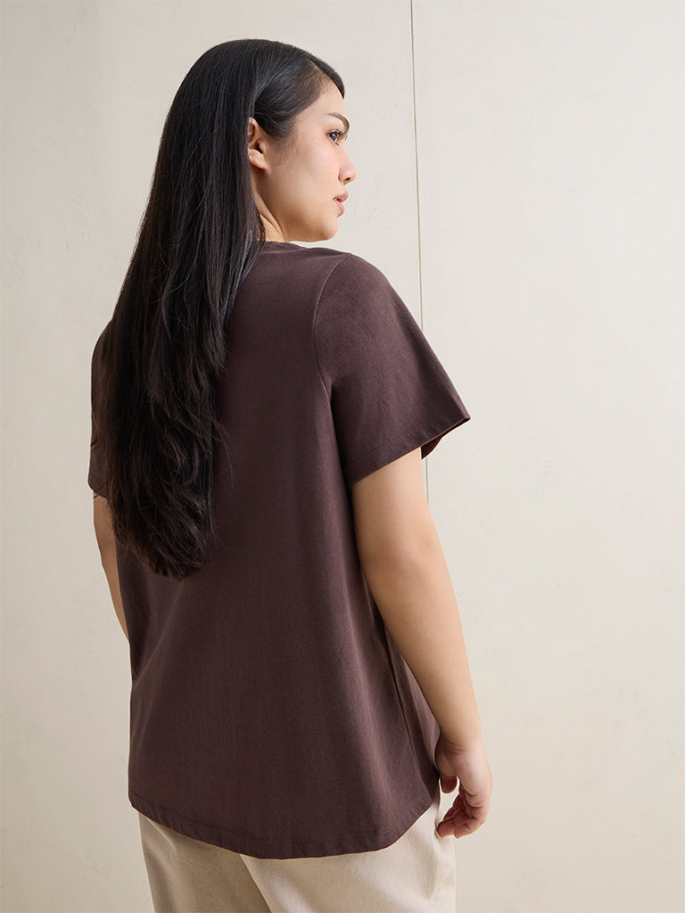 Gia Dark Brown Floral Applique Cotton T-Shirt