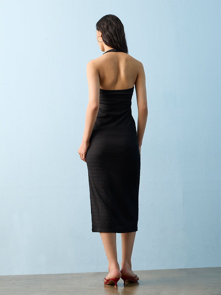 Nuon Black Crinkle Texture Halter Neck A-Line Dress