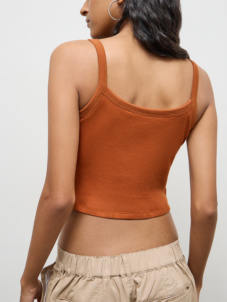 Nuon Rust Text Embellished Cotton Tank Top