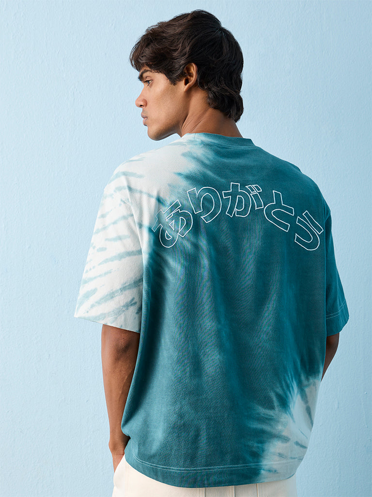 Nuon Teal Tie-Dye Relaxed-Fit Cotton T-Shirt
