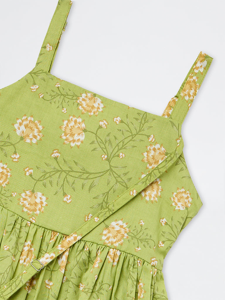 Utsa Kids Girls Green Floral Printed A-Line Cotton Dress with Bag - (2-8 yrs)