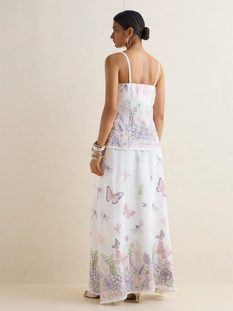 Vark Ivory Floral Embroidered Ethnic Top and Skirt Set
