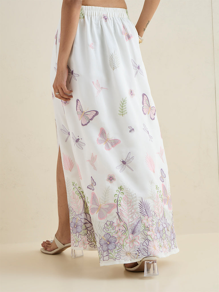 Vark Ivory Butterfly Embroidered Maxi Skirt