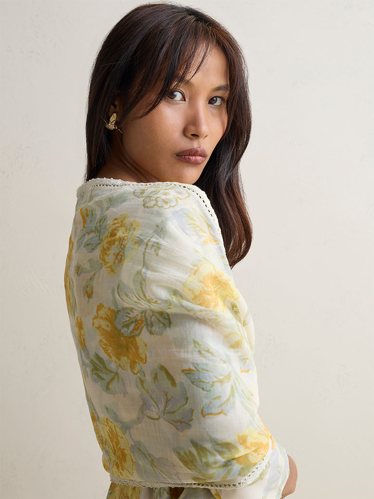 Zuba Yellow Floral Pattern Cotton-Blend Dupatta