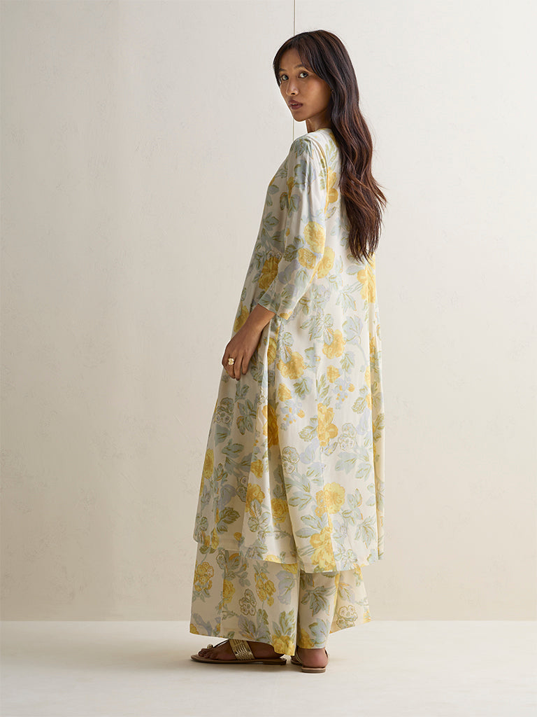 Zuba Yellow Floral Design A-Line Kurta