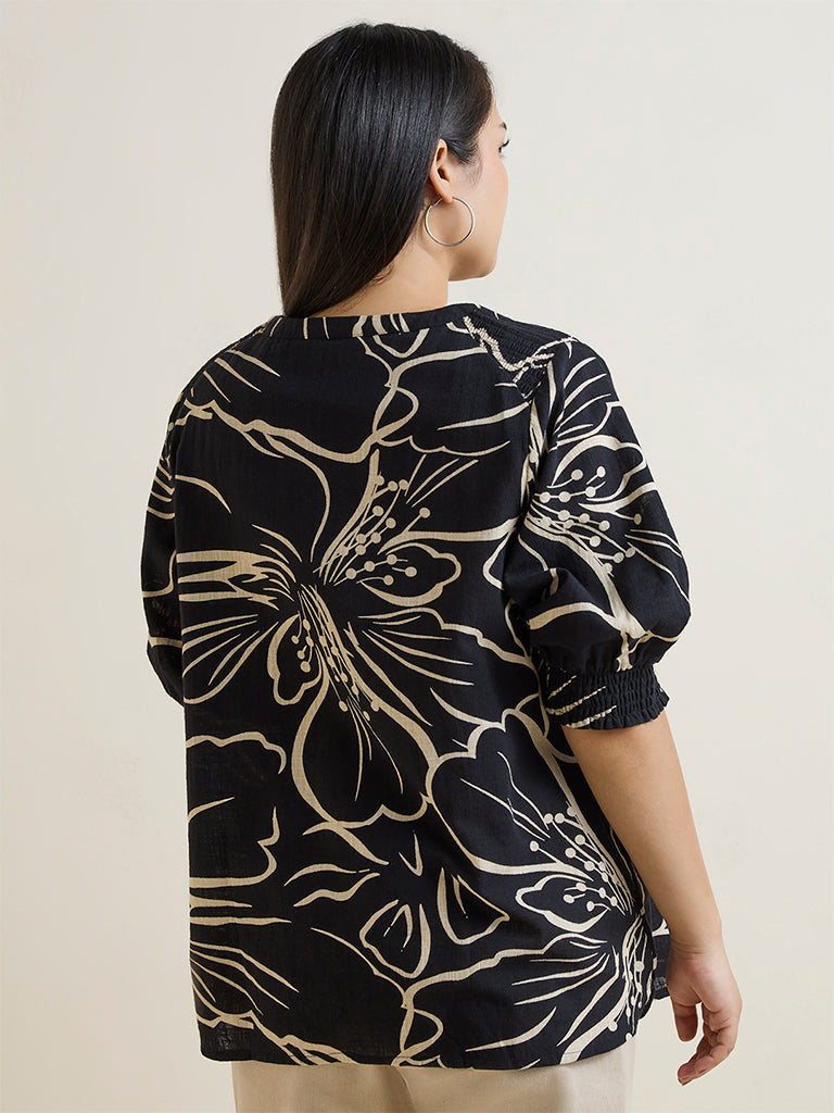 Gia Black Floral Patterned Cotton Blouse