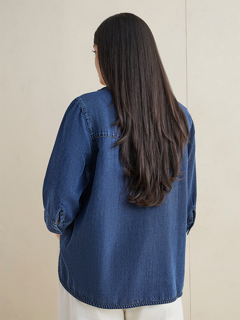 Gia Dark Blue Floral Embroidered Denim Shirt
