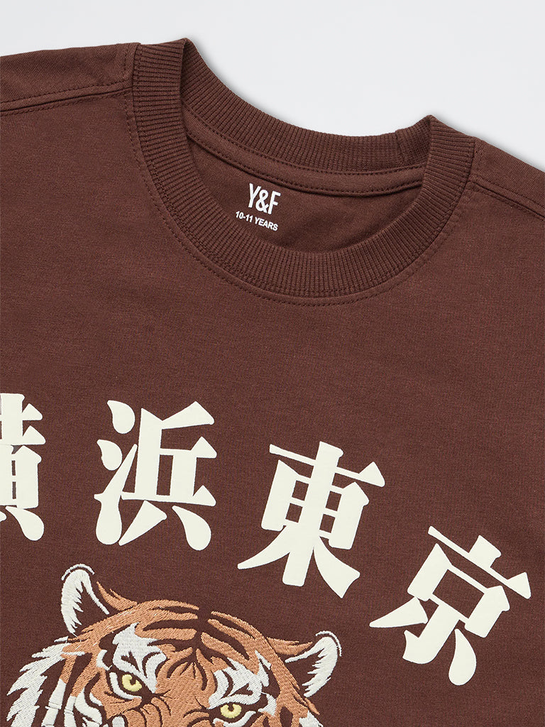 Boys Brown Graphic Printed Cotton T-Shirt