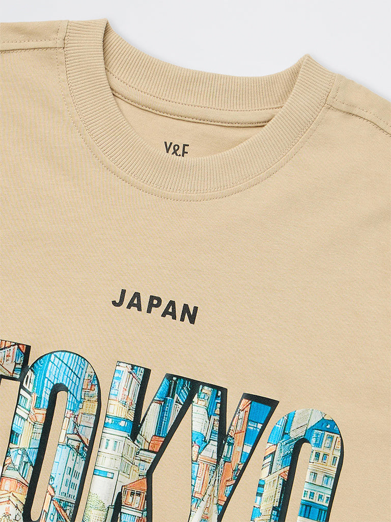 Boys Beige Text Printed Cotton T-Shirt