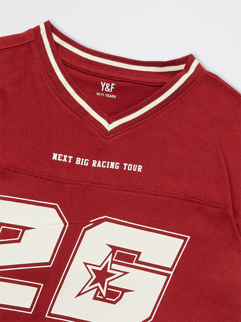 Boys Red Numerical Printed Cotton T-Shirt